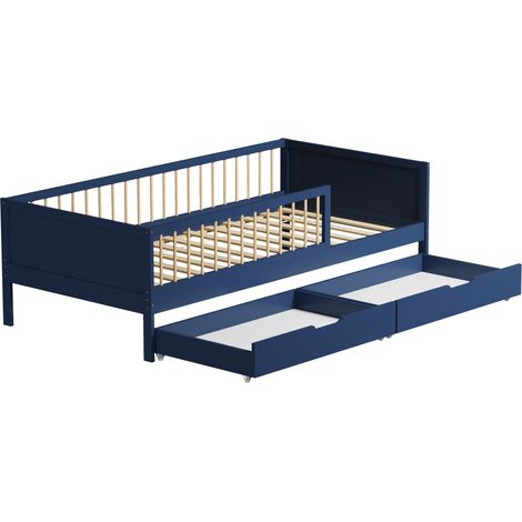 Happy Garden – Lit enfant 190x90cm bleu foncé avec 2 tiroirs à roulettes – Structure en bois de pin – Matelas max. 20cm – Hauteur barrière 60cm