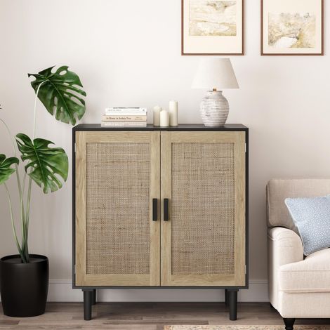 Credenza bassa in rattan, 80x40x88 cm, mobile contenitore per soggiorno, sala da pranzo e ingresso, stile boho con intreccio in rattan, 2 ante in MDF, nero (1/5)