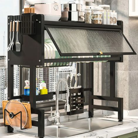 Égouttoir à vaisselle sur évier réglable 2 niveaux grande capacité avec couvercle, rangement pour assiettes, bols et ustensiles de cuisine (1/5)
