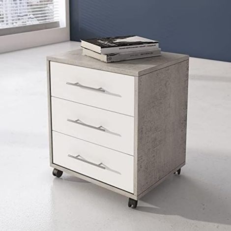 Commode de bureau avec 3 tiroirs sur roulettes, porte-documents, table de chevet de bureau, cm 43x40h57, couleur Ciment et Blanc (1/5)
