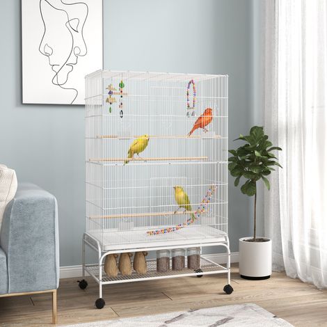 Cage sur pieds roulettes à oiseaux avec 4 mangeoires et 3 perchoirs blanc 79 x 49 x 133 cm design moderne (1/4)
