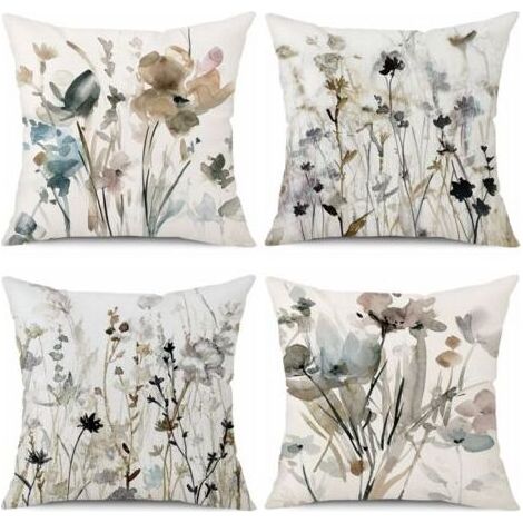 Housse de coussin 45 x 45 cm – Lot de 4 en lin – Motif floral peinture aquarelle – Lavable en machine – Coussins décoratifs canapé (1/4)