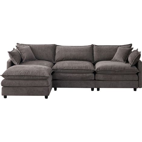 Divano angolare modulare 3 posti in ciniglia grigia con chaise longue e pouf (1/5)
