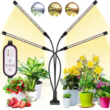 Lampe de croissance LED (blanc chaud), 4 têtes, marche/arrêt automatique, pour semis, plantes succulentes et orchidées (1/4)
