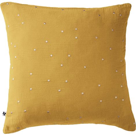 OUREA MOTIF - Taie d'Oreiller 60x60cm Gaze de Coton Safran à Pois Dorés (1/5)