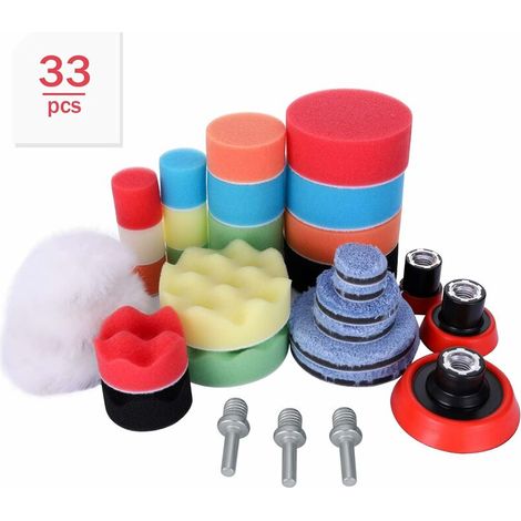 Éponge de Polissage, 33 Pièces Pad Eponge M14 foret polisseuse Polissage pour Voiture Tampon de Tapis de Polissage en Éponge et Laine Plaque Capuchon de Polissage Kit 30mm 50mm 80mm