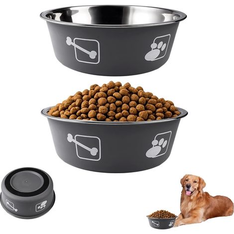 2 Pièces Gamelle INOX Chien Grande 1560ml, 20cm Gamelles Chiens avec Base Antidérapante en Silicone, antibactérien Facile à Nettoyer, pour Grands Chiens Moyens et Autres Animaux de Compagnie (Gris) (1/5)