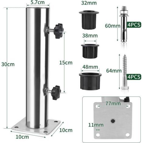 NALOOKAMIC Tube Parasol , Pied de Parasol , Support Parasol en Acier Inoxydable Réglable avec 3 Anneaux de Réduction en PVC (32/38/48mm) , Pied pour Parasol avec 8 Clous en Acier