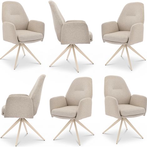 Bon Furni Chaises 360° Pivotantes Tissu Effet Lin Beige Pieds Blancs, Lot de 6