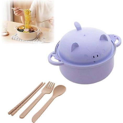 Bol de ramen micro-ondes avec couvercle, bol à nouilles cochon mignon 2026, cuiseur multifonction violet pour maison, bureau, chambre étudiant (1/5)