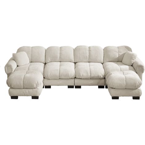 Divano modulare a U 4 posti in ciniglia kaki chiaro con 2 pouf mobili (1/5)