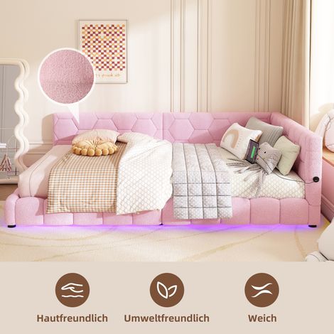 Lit de jour 140×200cm rose,base lattes sans matelas,LED 16 couleurs,USB/Type-C,matériau doux,canapé-lit pratique
