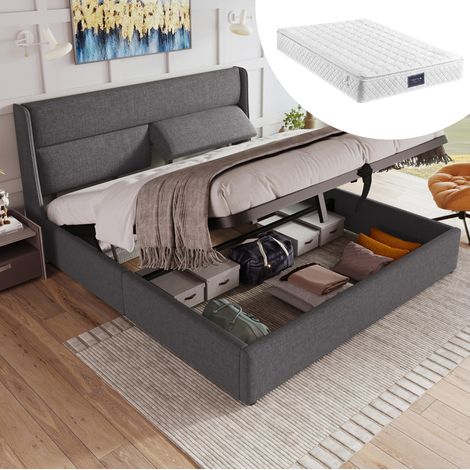 Bett mit Stauraum Leinen Grau 140x200 cm, verstellbare Kopfstützen, hydraulisch, inklusive Matratze (1/5)