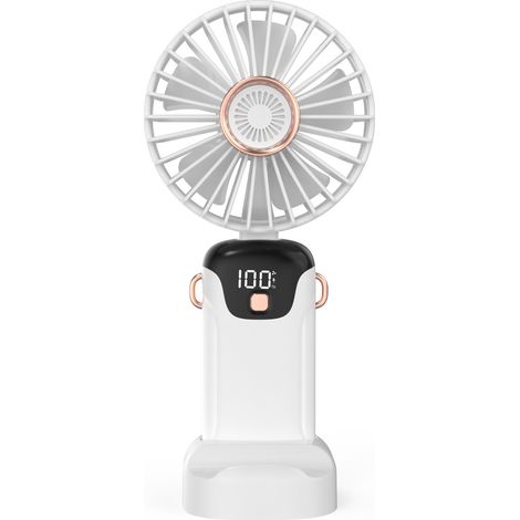 Mini ventilateur portatif pliable, 5 vitesses, 5h autonomie, faible bruit, couvercle amovible, écran LED (batterie/vitesse), (blanc) (1/5)