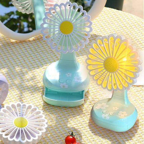 Mini ventilateur de charge avec lumière LED, petit ventilateur en forme de chrysanthème vert mignon, 3-mode multifonctionnel avec boîte stockage et support. (1/5)