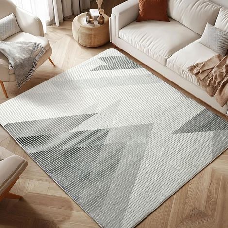 Tapis Salon Moderne Abstrait Tapis Chambre Doux Grand Tapis de Salon Antidérapant à Poils Courts Tapis de Sol (Géométrique Gris Blanc, 80 x 120 cm) (1/5)