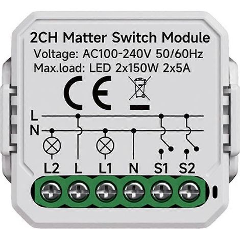 Matter WiFi Dual-Schaltermodul, Heimautomatisierungsrelais, Leitungsschutzschalter, kompatibel mit HomeKit, SmartThings, Alexa und Google Home (2 Kanäle). (1/5)