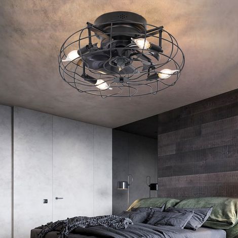 Ventilateur de Plafond avec Lumière 50 cm, Luminaire LED Sans Pales avec Télécommande, Style Industriel Cage Métallique, Plafonnier Ventilateur pour Chambre et Cuisine, Noir (1/3)