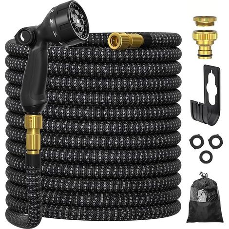 Manguera de jardín de 15 m, ULTTY, extensible, con adaptadores de 1/2" y 3/4" (19 mm y 13 mm), 10 modos de riego, látex de triple capa duradero con conexiones de latón y bolsa, color negro.