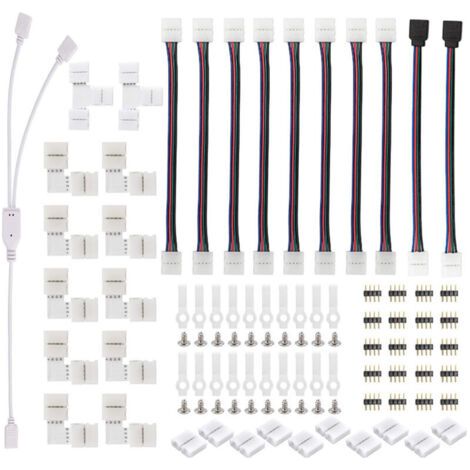 Connecteurs de Bande, Kit Connecteur Bande Lumière LED, avec Connecteurs Mâles 4 Broches Connecteurs LED Forme de L, Connecteur Bande LED RGB 5050, pour LED 10mm Ensemble d'Accessoires d'Extension