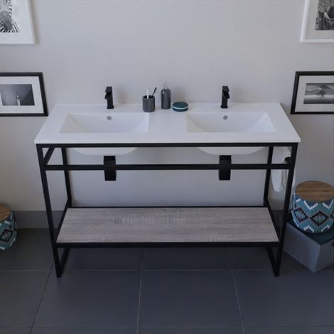 Meuble salle de bain STRUCTURA 120 cm avec plan double vasque- Céramique - Bois
