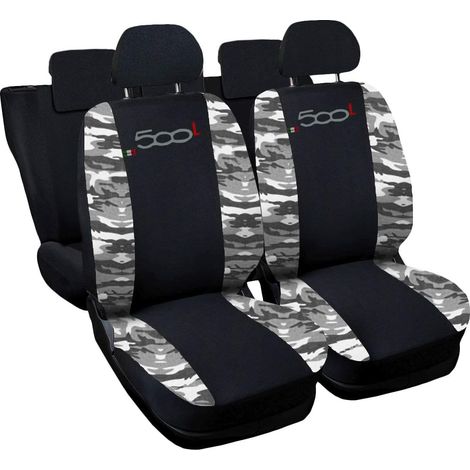 Lupex shop - Coprisedili Auto Compatibili per 500L, Made In Italy, set di copri sedili anteriori e posteriori con copri poggiatesta incluso, tessuto poliestere, Nero - Mim. Chiaro