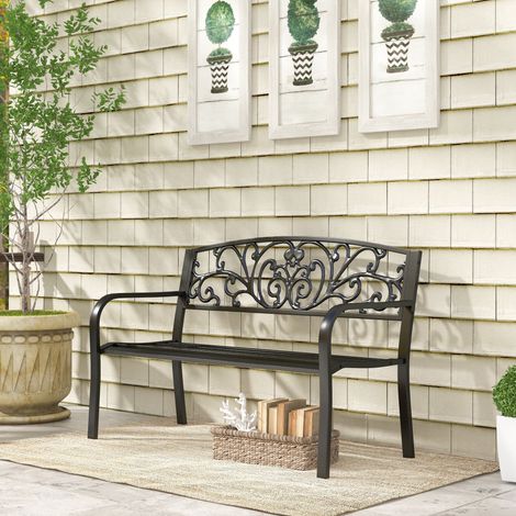 Panchina da Giardino in Metallo con Schienale Decorato, 127x60x87cm - Nero (1/5)