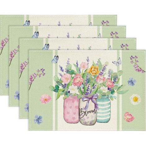 4 Set de Table Printemps 30x45cm, Fleurs et Papillons Set de Table Lavable, Tulipe Lavande Chemin de Table Lin pour Pâques(C)