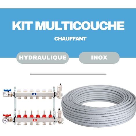 Kit plancher chauffant hydraulique 100 m² – Collecteur inox 4 départs avec vannes – Tube multicouche PEX_AL-PEX D16 – Chaleur homogène – John Guest Speedfit