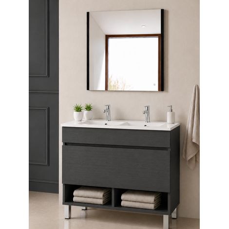 Meuble de salle de bain avec pieds avec vasque extra-plat ORIGENBATH NEBARI sur pieds avec tiroir sans miroir 120x45 cm double vasque graphite (1/5)