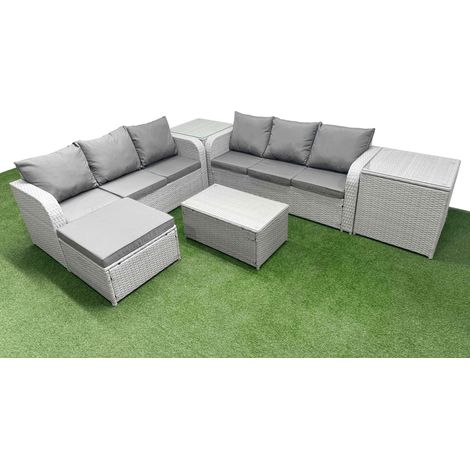 Fimous Outdoor Garden Furniture Sets 7 Seater Wicker Rattan Furniture Sofa Sets with Rectangular Coffee Table high Back Lounge Sofa Big Footstool 2 Side Table Light Grey (1/4)