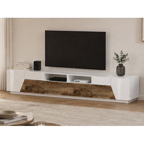 TV-Schrank Gregorio, niedriges Wohnzimmer-Sideboard mit 4 Türen, Fernsehständer-Basis, 100 % Made in Italy, 260 x 43 x 46 cm, glänzendes Weiß und Ahorn, (1/5)