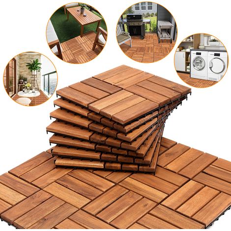 33 Stück Holzfliesen aus Akazienholz Balkonfliesen Terrassenfliesen. Bodenbelag mit Drainage. Fliese Leicht verlegbar(12 Latten 3 m²)