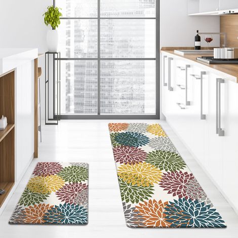 Tapis de cuisine long en similicuir à motif floral, imperméable, résistant à l'huile et antidérapant, idéal pour la maison, l'entrée et comme paillasson - Multicolore à motif floral - 44 x 70 x 1 cm