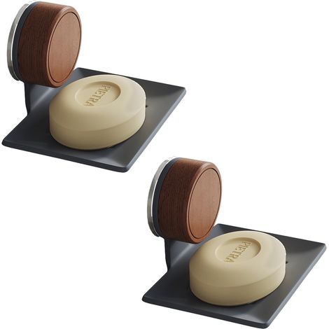Lot de 2 Porte-Savon Aluminium à Ventouse Noyer - Sans Perçage, Auto-Égouttant, pour Douche, Miroir, Carrelage & Métal (Salle de Bain & Cuisine)