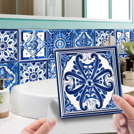 Lot de 24 autocollants muraux en carrelage marocain - Autocollants pour carrelage auto-adhésifs - Autocollants muraux pour carrelage imperméables pour cuisine, salles de bain, placard, meubles (1/5)
