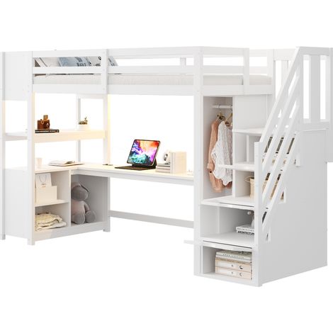 Hochbett 90 x 200 Cm Mit Schreibtisch, Kleiderschrank, Stauraumtreppe, Steckdosen Und LED, Ohne Matratze, Aus Holz, Weiß (1/5)