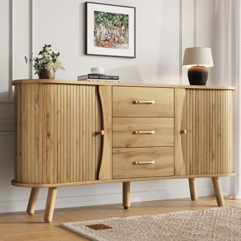Buffet en forme de pois 150x36.5x75 cm - 2 portes coulissantes + 3 tiroirs - Étagères réglables - Pieds en bois - Naturel