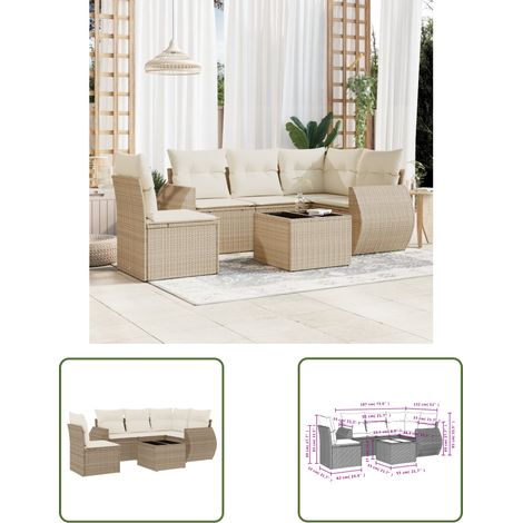 The Living Store Salon de jardin avec coussins 6 pcs beige résine tressée - Ensemble Salon De Jardin - Mobilier De Jardin - Salon D'extérieur - Résine Tressée - Rotin Synthétique