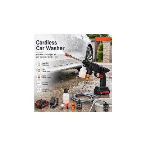 Ortviai – Nettoyeur haute pression sans fil 21 V avec 2 batteries – pistolet de lavage auto, tuyau 5 m, buses 0° et 40°, canon à mousse – compatible voiture, vélo et terrasse (1/5)