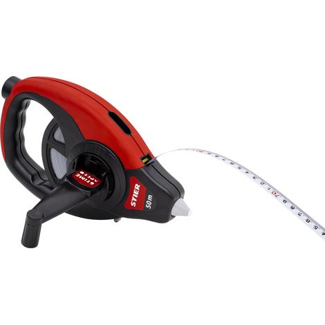 STIER Stahlbandmaß 50 m, in hochfestem Kunststoffgehäuse, mit mm und cm Teilung, Großer Kurbelarm, Ergonomische Grifffläche, Für Handwerk Industrie und Baugewerbe (1/5)