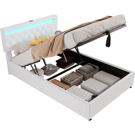 Stauraumbett 140 x 200 cm, Doppelbett mit LED, USB und Type-C, ohne Matratze, Weiß (1/5)