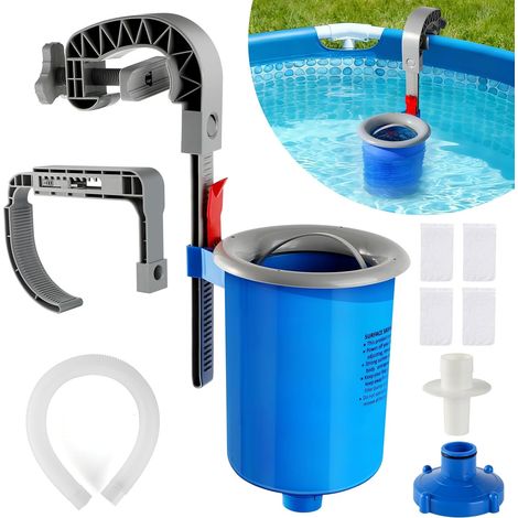 Filtre de surface pour piscine hors sol - Bleu - Avec 4 chaussettes filtrantes - Fixation murale - Tuyau et panier - Convient aux piscines gonflables, tubulaires et à structure métallique (1/5)