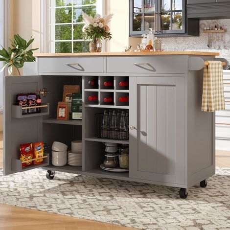 Îlot de cuisine gris moderne 102×45×92cm grain bois,meuble buffet multifonction avec espace de rangement pour la maison.