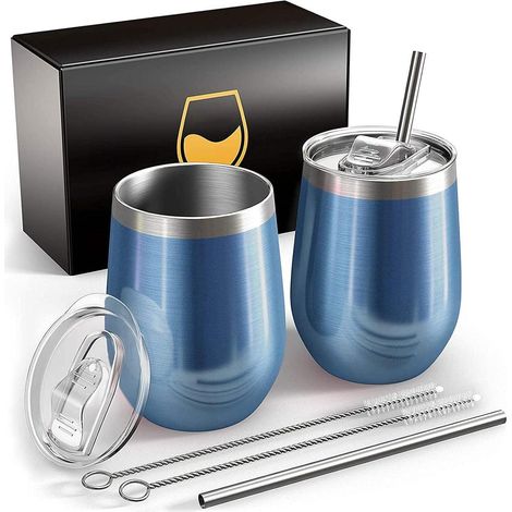 Edelstahl Weinbecher 2er Set 350ml, Vakuumisoliert, BPA-frei, mit Deckel (1/5)