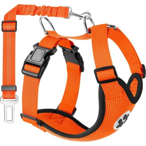 Harnais pour chien orange taille S, tour de poitrine 47-53 cm, 1 sangle de sécurité réglable, tissu respirant avec connecteur de voiture (1/5)