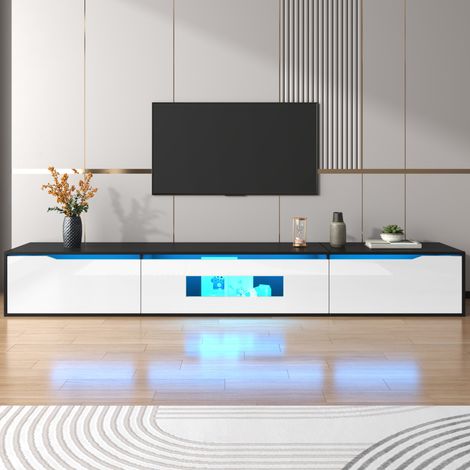 Meuble TV 180x35x30 cm avec LED, USB et montage mural, noir et blanc (1/5)