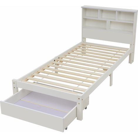 Einzelbett 90x200 cm weiß mit Schubladen, Lattenrost und Bücherregal-Kopfteil, Kiefer und MDF (1/5)