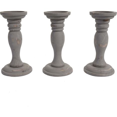 Set 3x portacandele shabby vintage T361 legno paulonia design decorativo 24cm, grigio
