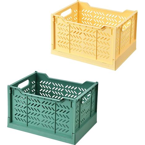 2 Pcs Boîtes de Rangement Pliable Caisses Rangement en Plastique Empilables Cagettes Pliantes Pliable pour Cuisine, Salon, Chambre à Coucher (vert foncé+jaune) (1/5)